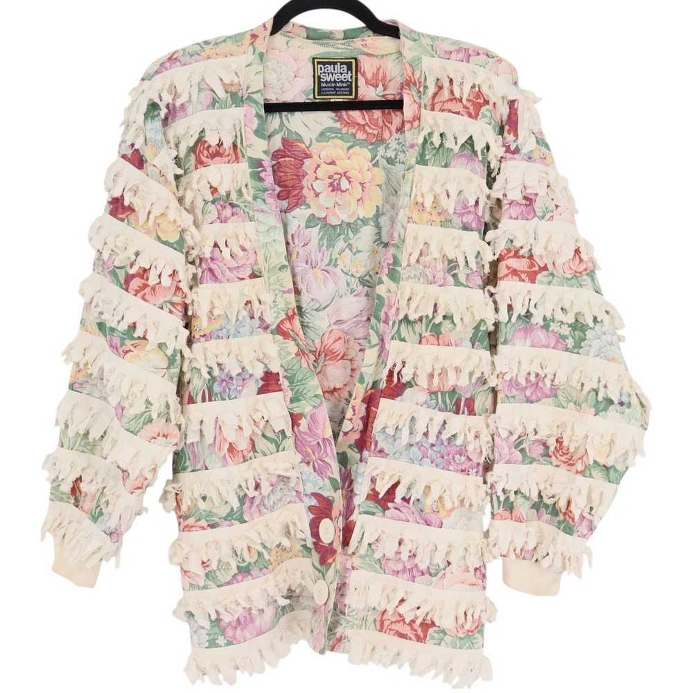 Paula Sweet Muslin Mink Vintage Floral Fringed Cotton Cardigan Jacket Size Small